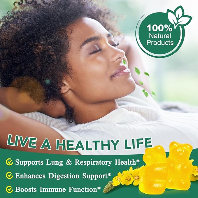 Mullein Gummies for Lung Detox,2000mg Mullein Leaf herb Extract for Lung Cleanse Support,Organic Mullein Herb Supplement for Daily Respiratory Health Gummies 60 Gummies