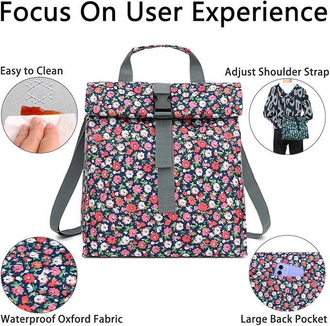 Insulated Lunch Bag for Men/Women/Kids, Roll top Reusable Lunch Box with Adjustable Shoulder Strap, Thermal Lunch Cooler Tote Container for Adults/Teens School Work Office Picnic,Floral