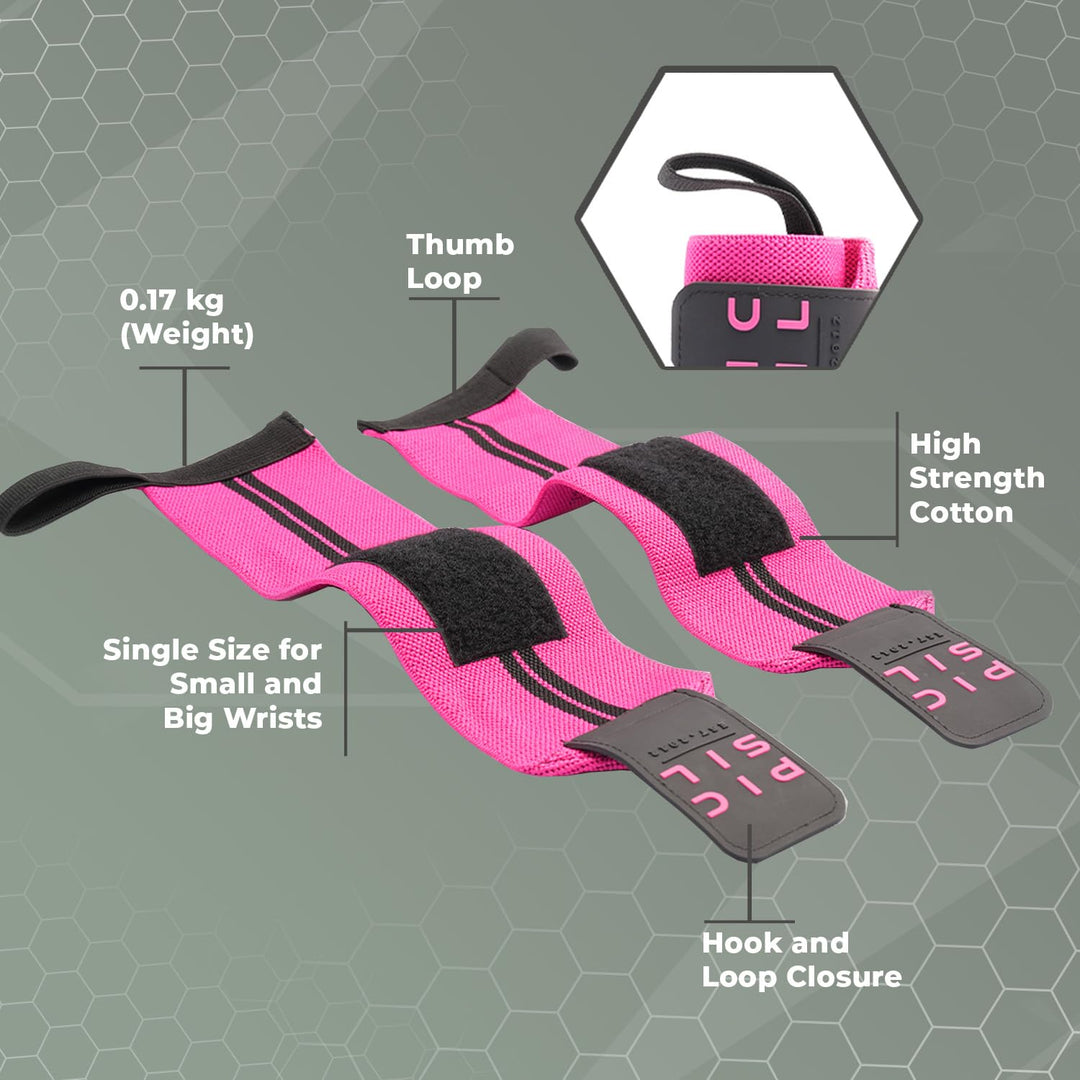 PICSIL Wrist Wraps with Double Fabric Fastener, Stretchable Wrist Straps for Weightlifting, Cotton Wrist Straps with Thumb Loop, Advanced Weightlifting Straps for Comfort and Stability (Pink)