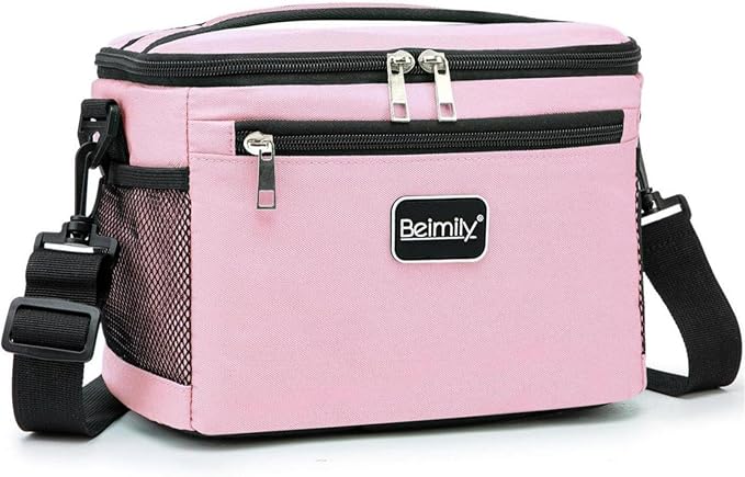 BEIMILY Lunch Box for Men/Women,Small Insulated Lunch Bag,Reusable LunchBox for work Picnic Hiking Beach,Leakproof Soft Cooler Tote Bag Organizer with Adjustable Shoulder Strap for Adults(Pink)