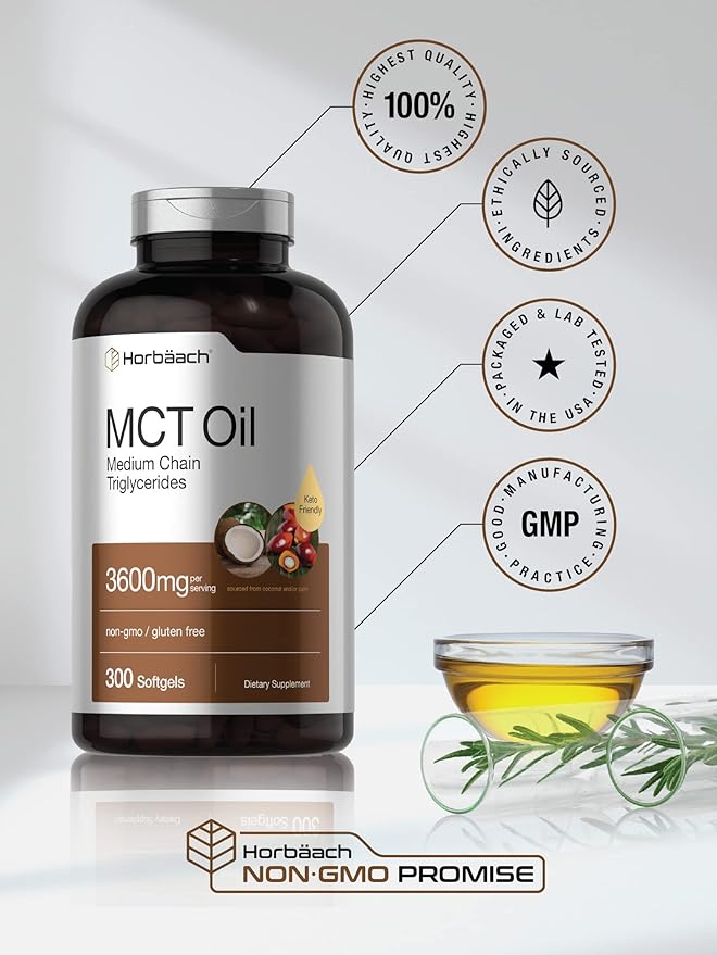 Horbäach Keto MCT Oil Capsules 3600mg | 300 Softgels | Coconut Oil Pills | Non-GMO and Gluten Free Formula | High Potency and Value Size Supplement