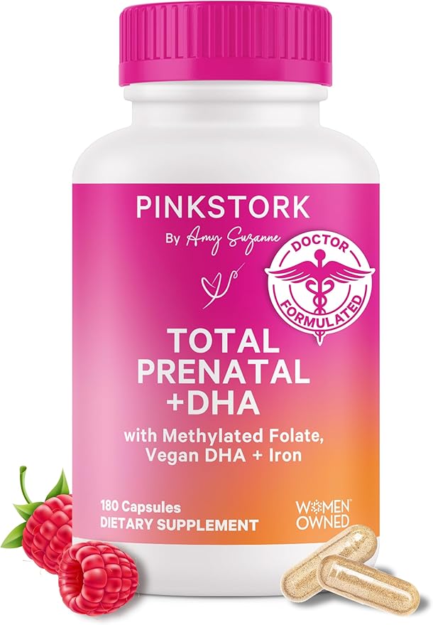 Pink Stork Total Prenatal Vitamins with DHA, Folate, and Iron, 3 Month Supply to Help Support Fetal Development, Pregnancy Must Haves - 180 Capsules