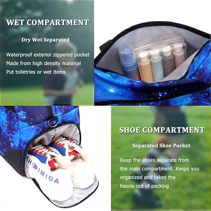 JIANYA Kids Sports Overnight Bag for Girls Boys Small Gym Duffle Bag Teens Gymnastics Bag Sleepover Bag with Shoe Compartment, Galaxy Blue