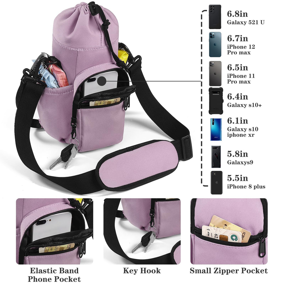FCQQYWZ Water Bottle Carrier with Strap,64oz 87oz Sports Insulated Crossbody Water Bottle Bag with Adjustable Hand Shoulder Strap and 4 Pockets for Men Women Hiking Camping Travelling (Purple)