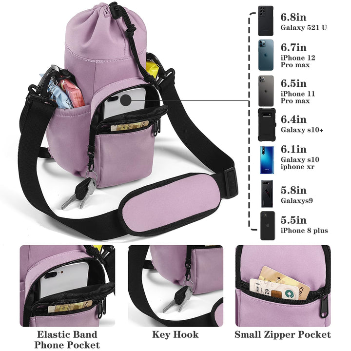 FCQQYWZ Water Bottle Carrier with Strap,64oz 87oz Sports Insulated Crossbody Water Bottle Bag with Adjustable Hand Shoulder Strap and 4 Pockets for Men Women Hiking Camping Travelling (Purple)