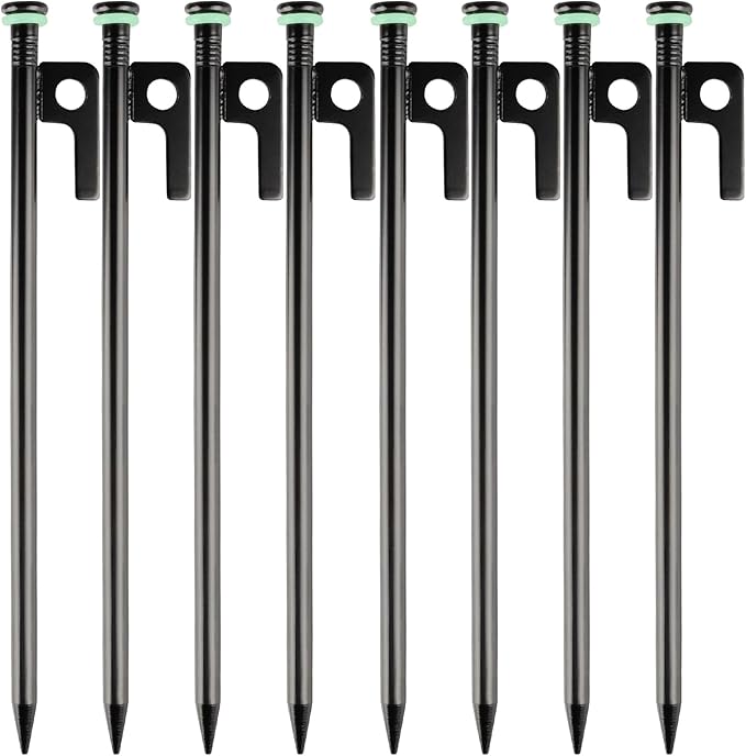 8 Pack Tent Stakes Heavy Duty Metal Tent Pegs with 10in Steel Tent Stakes+Fluorescent Silicone Rings+Special Bag for Camping Used on Rocks, Grassland (10in - 8 Pack)