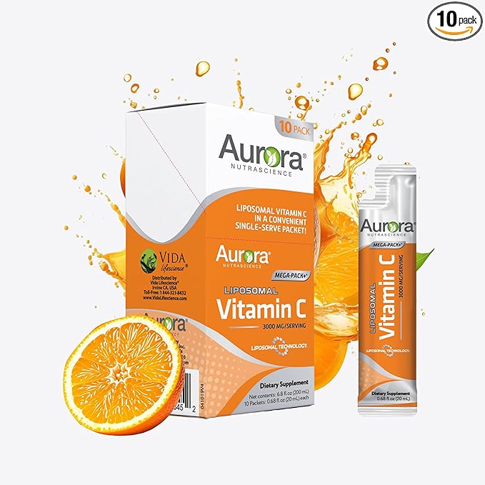 Aurora Nutrascience Mega-Pack Liposomal Vitamin C, Immune Support, 3,000 mg Per Serving, Vegan, Gluten Free, Non-GMO, 10 Single Serve Packets, Orange