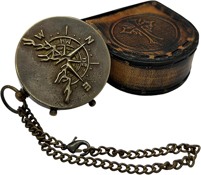 Antique Brass Compass with Detachable Chain & Carrying Case – Vintage Nautical Navigation Tool for Outdoor Hiking, Survival, and Travel – Gift for Collectors and Adventurers