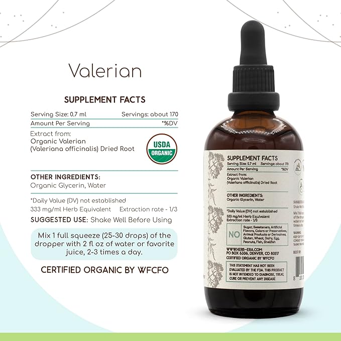 Valerian B120 USDA Organic Tincture | Alcohol-Free Extract, High-Potency Herbal Drops | Certified Organic Valerian (Valeriana officinalis) Dried Root (4 oz)