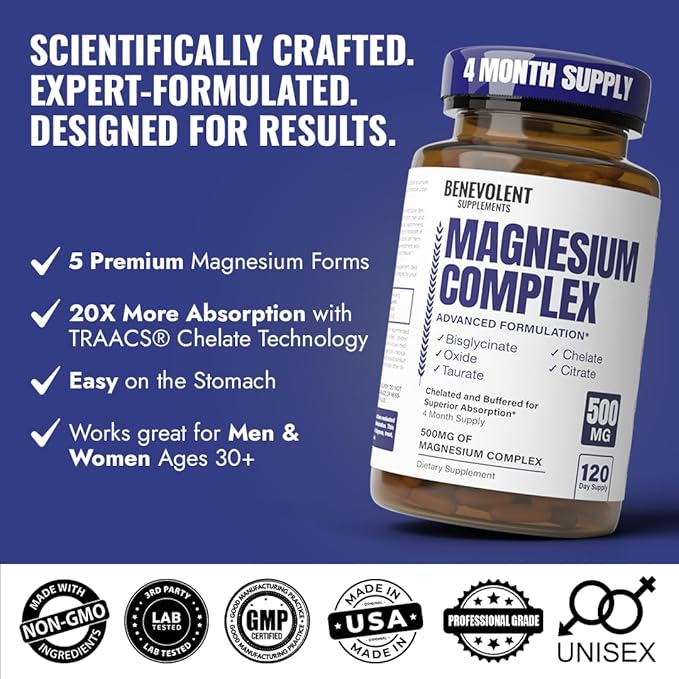 Magnesium Complex Supplement, 4 Month Supply of 500mg 5-in-1 Bisglycinate, Oxide, Taurate, Aspartate, Citrate, Max Absorption Magnesium Supplement for Calm, Sleep & Leg Cramps, 120 Capsule
