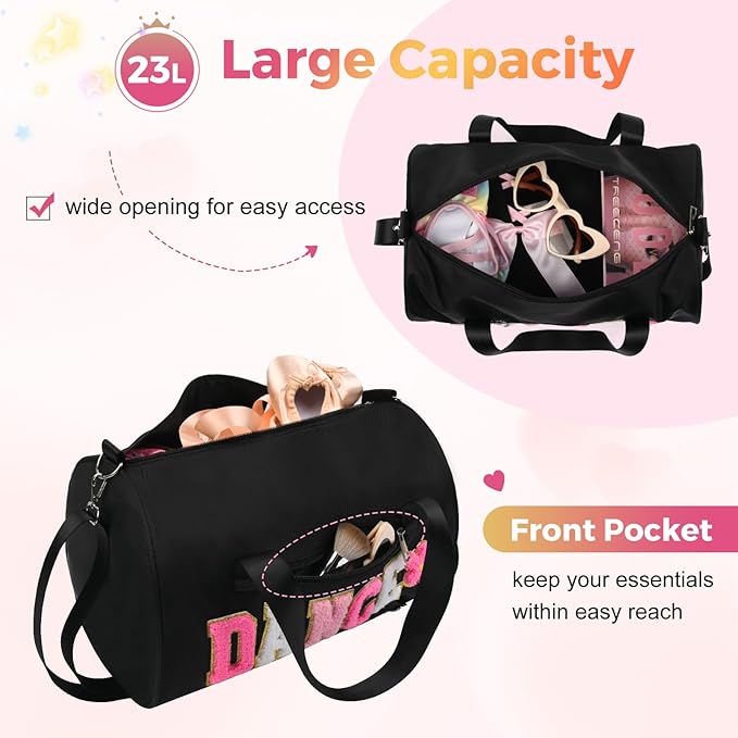 Dance Bag for Girls, KUIRAN 23L Waterproof Travel Duffel Bag with Colorful Chenille Letter, Lightweight Small Gym Sport Ballet Weekender Bag with Large Main Compartment - Black/White/Pink