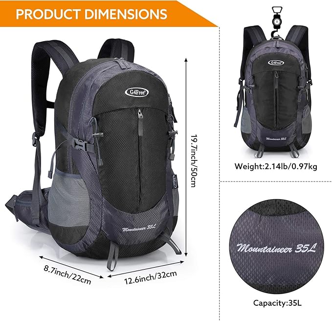 G4Free 35L Hiking Backpack Water Resistant Outdoor Sports Travel Daypack Lightweight with Rain Cover for Women Men (Black)