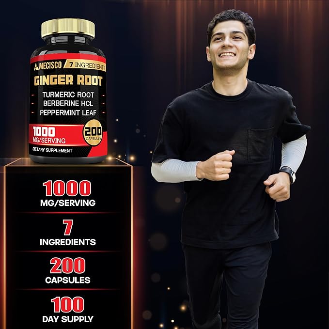 7-in-1 Ginger Root Supplement with Turmeric Curcumin, Berberine, Peppermint Leaf, Astragalus Root, Ceylon Cinnamon, Beet Root - 200 Capsules