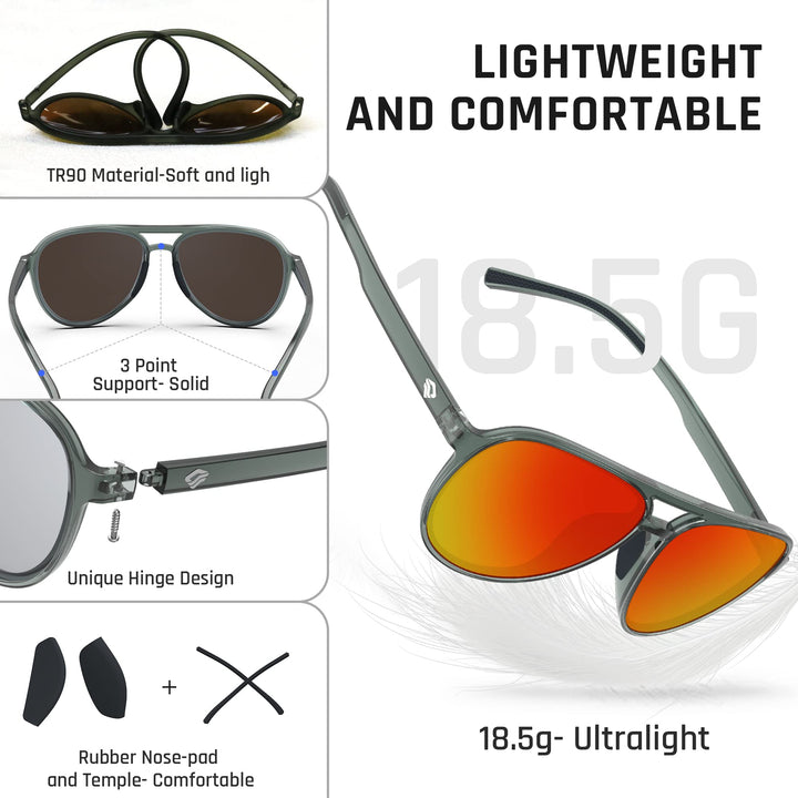 TOREGE Aviator Sunglasses Polarized Sunglasses for Men Women, Lightweight Sports Glasses UV400 Protection For Cycling Fishing Boating Beach Golf Driving TR75(Gray&Black&Orange Red Lens C8)