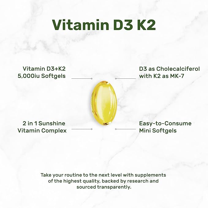 DEAL SUPPLEMENT Vitamin D3 K2 Softgel, 250 Count, 2-1 Complex, Vitamin D3 5000 IU & Vitamin K2 MK7, Promotes Heart, Bone & Teeth Health – Easy to Swallow