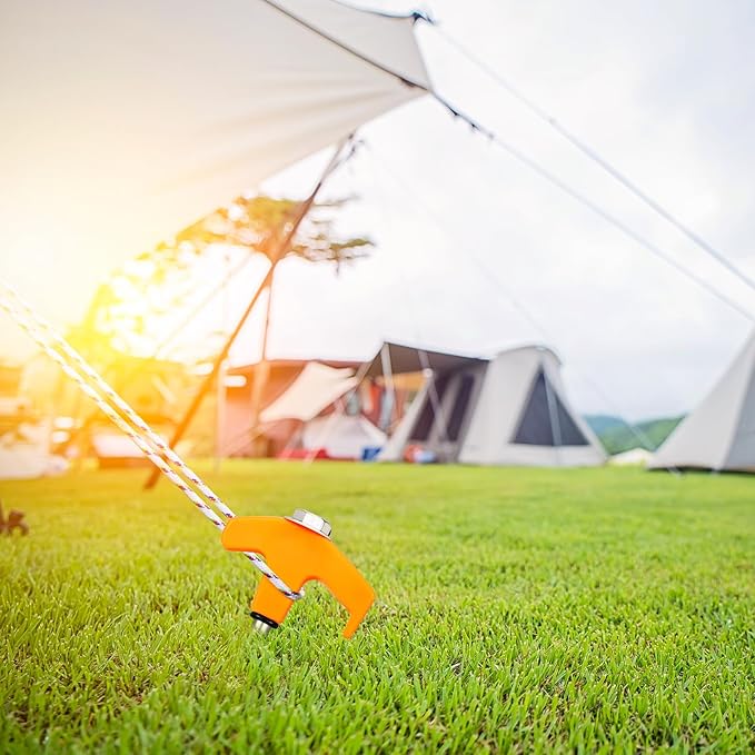 18 Tent Stakes Heavy Duty Metal Tent Stakes Screw in Camping Stakes with Luminous Head Ground Anchor Pegs Threaded Tent Spikes with Hex Head Driver and Storage Box, Orange
