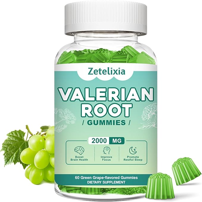 Organic Valerian Root Gummies, Natural Calm to Help Relaxation, Herbal Supplement for Mood Support, Melatonin Free, Non-GMO, Gluten Free, Vegan, Green Grape Flavor, 60 Count