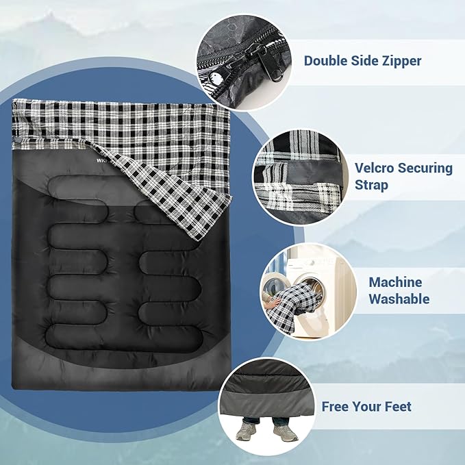Cotton Flannel Double Sleeping Bag for Adults Machine Washable 2 Person Camping Sleeping Bag Queen Size Waterproof with Compression Sack for Cold Weather 3-4 Seasons