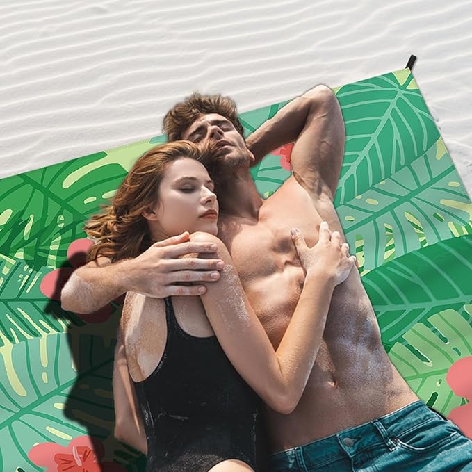 Beach Blanket Waterproof Sandproof Large Beach Mat 83" X 106" for 3-5 Adults Sand Free Mat Quick Drying,Lightweight & Durable with 4 Stakes & 4 Corner Pockets for Beach Camping .(Green)