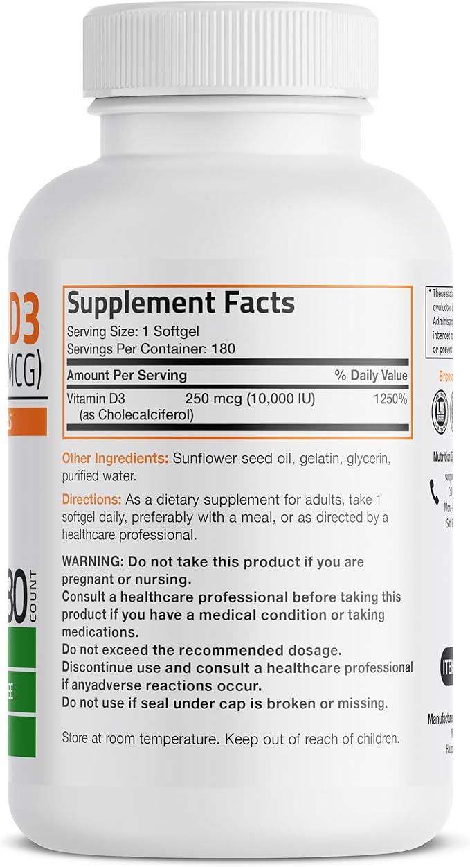 Bronson Vitamin D3 10,000 IU (250 mcg) High Potency - Supports Healthy Immune System, Strong Bones, Muscles & Teeth - Non GMO, 180 Softgels