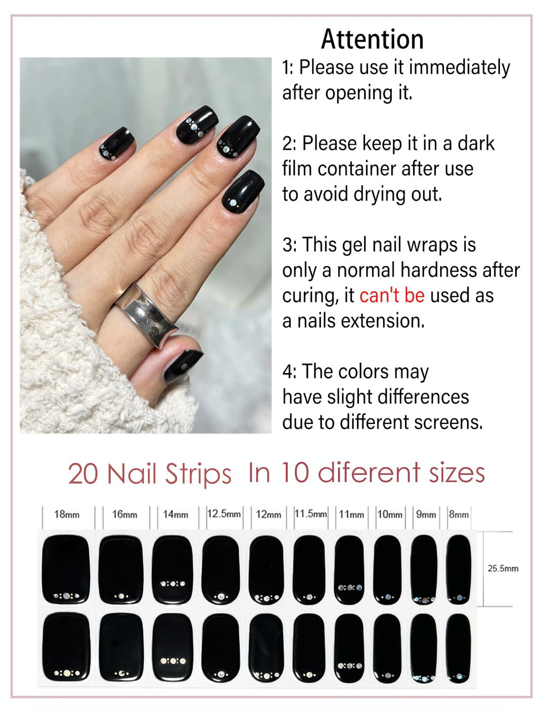Semi Cured Gel Nail Strips, 20pcs Gel Nail Stickers UV, Semi Cured Gel Nail Wraps for Home Nails DIY -Black & Diamond