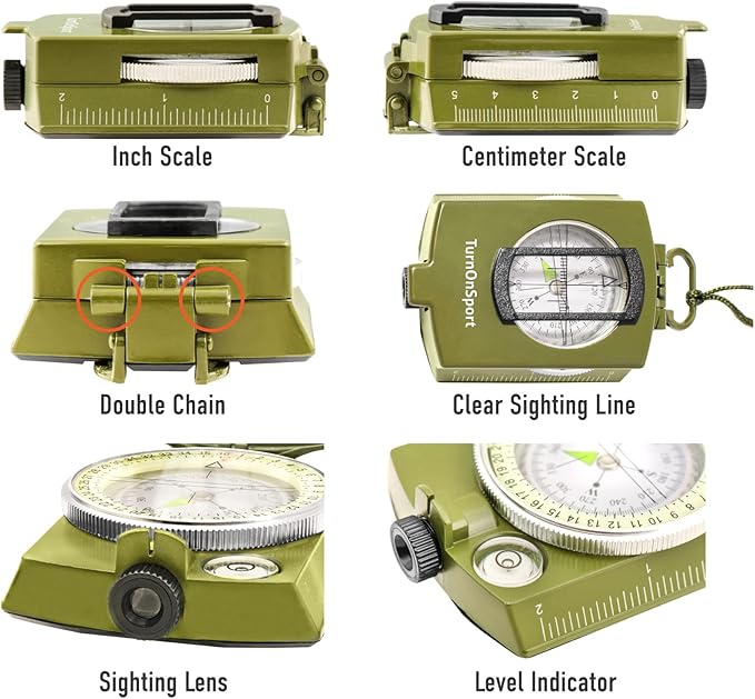 TurnOnSport Lensatic Military Compass - Tritium Compass with Pouch for Hiking, Camping, Backpacking & Survival Navigation