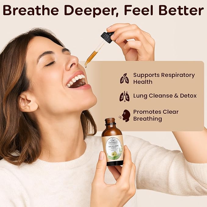 Lung Naturals Mullein Drops for Lungs, 10:1 Concentrated Mullein Leaf Extract for Respiratory Health, Natural Strawberry & Lemon Flavor, Alcohol-Free, 2-Month Supply, 60 Servings