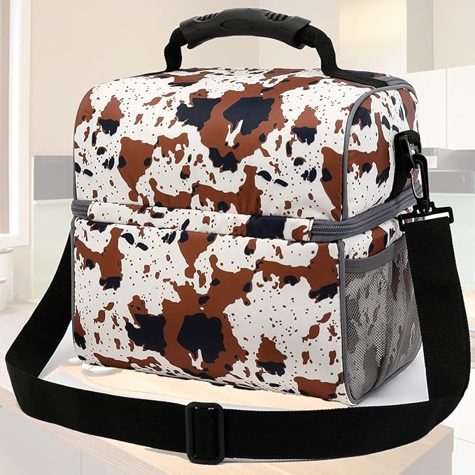 FlowFly Double Layer Cooler Insulated Lunch Bag Adult Lunch Box Large Tote Bag for Men, Women, With Adjustable Strap,Front Pocket and Dual Large Mesh Side Pockets