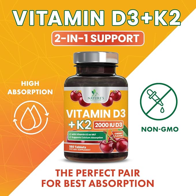 Vitamin D3 K2 2000 IU Plus with K2 (MK-7) 75 mcg - Vitamins D & K Complex Supplement for Bone, Teeth, Muscle, Calcium Absorption, Supports Immune & Heart Health, Non-GMO Chewable Formula - 180 Tablets