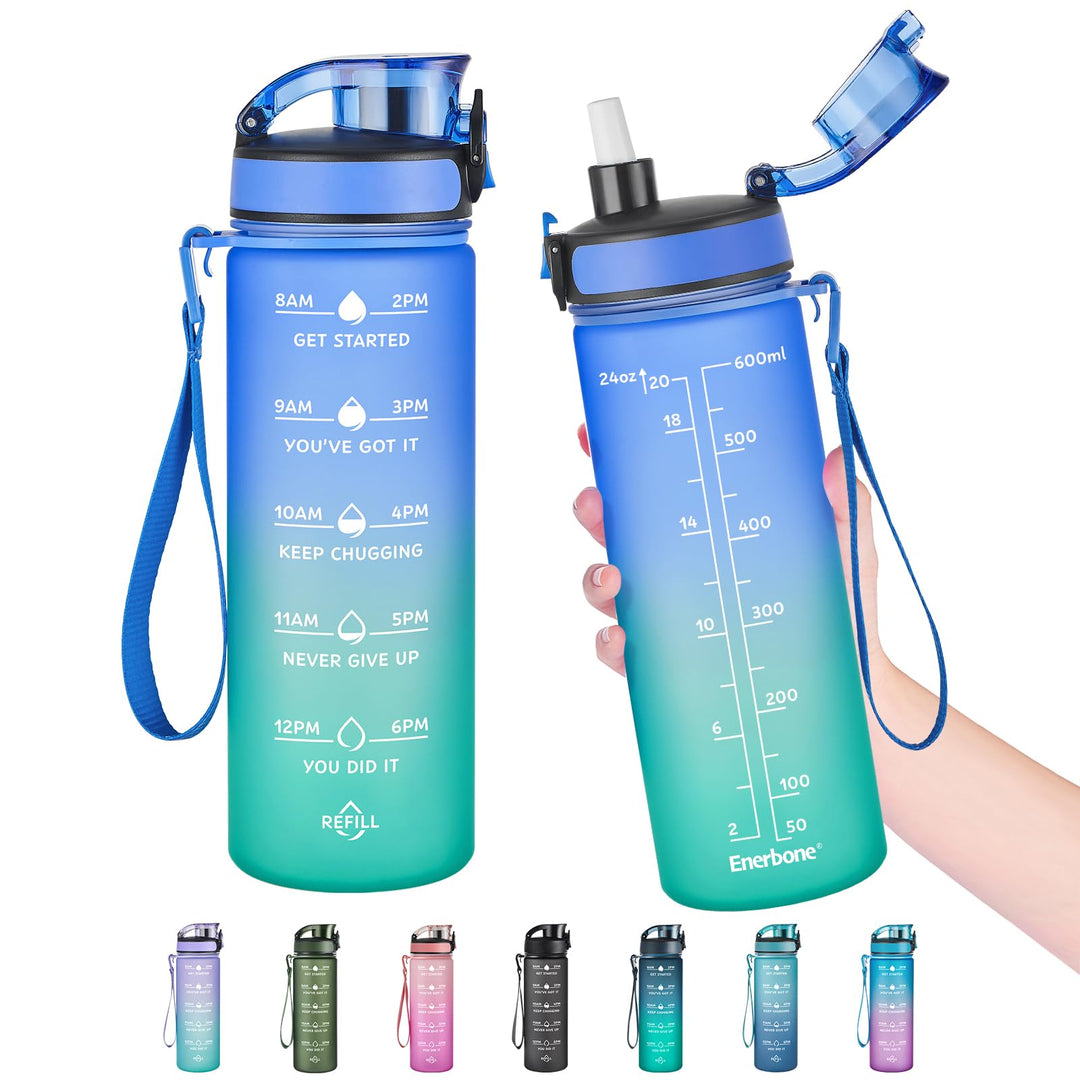 Enerbone 24 oz Water Bottle, Leakproof BPA & Toxic Free, Motivational Water Bottle with Times to Drink and Straw, Fitness Sports Water Bottle with Strap for Office, Gym, Outdoor Sports