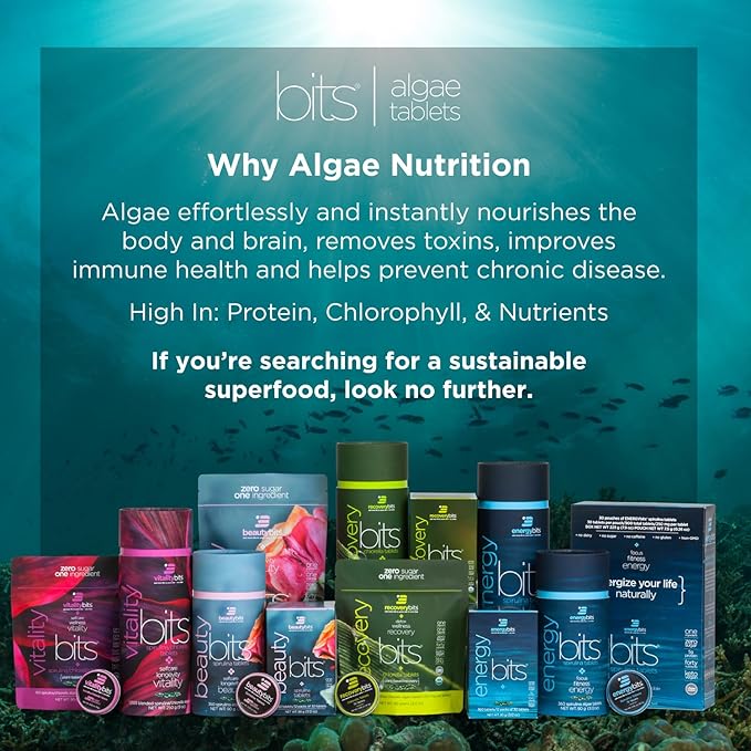 ENERGYBITS - Organic Spirulina Tablets - Plant-Based Algae Superfood - for Focus, Fitness, Energy - Plant Protein - Gluten Free - Collagen, Vitamin B12, Omega 3 - Keto & Vegan - 60 Algae Tablets