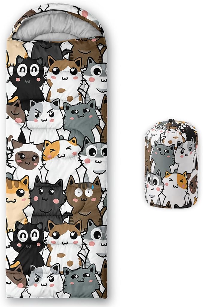 AILONEN Kids Floral Cat Camping Sleeping Bags,Lightweight & Waterproof,3 Season Warm & Cool Weather,Kawaii Kitten Sleeping Bags for Girls Adults,Travelling,Outdoors