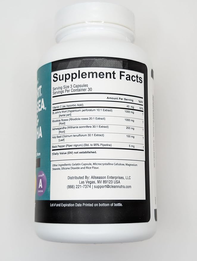 Clean Nutraceuticals St Johns Wort Rhodiola Rosea Holy Basil Ashwagandha - Mood Support for Women and Men with Vitamin C & Black Pepper Extract - 90 Caps