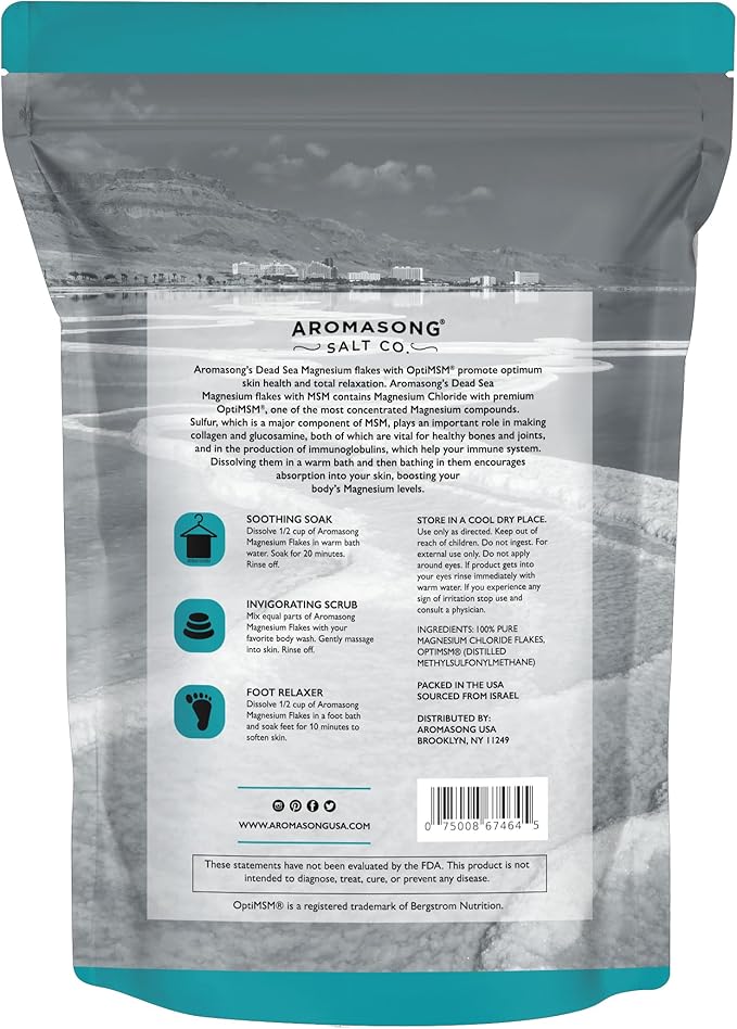 Aromasong RAW Magnesium Flakes + OptiMSM for Soaking 14 Oz. Resealable Pack - Muscle Relaxing Organic Bath Salts Magnesium Chloride Flakes.