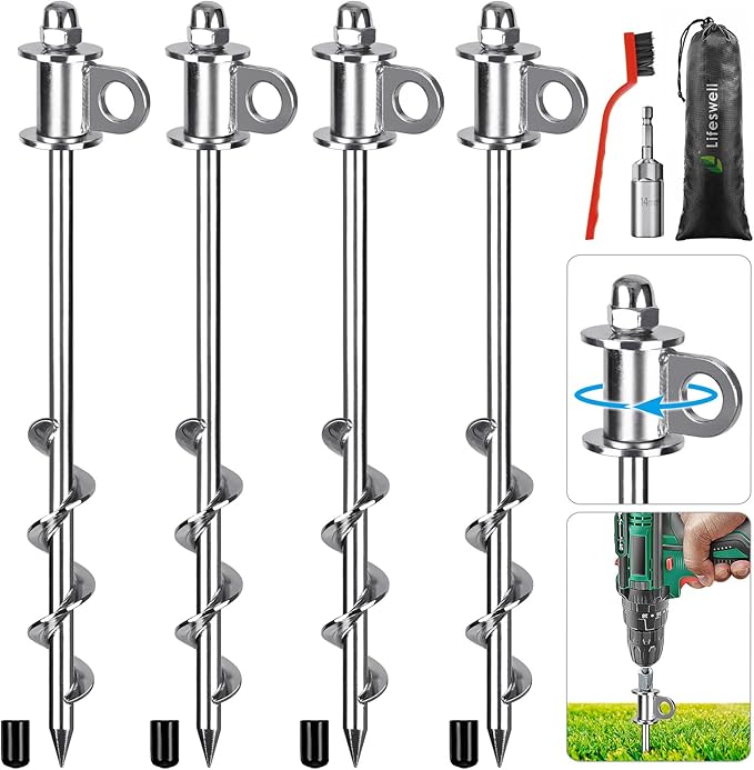 4 Pack Tent Stakes, 12 Inch Heavy Duty Ground Anchors, Full Welding, Easy to Screw in and Reusable, for Camping Tents, Trampolines, Sheds, Swing Sets, Securing Animals
