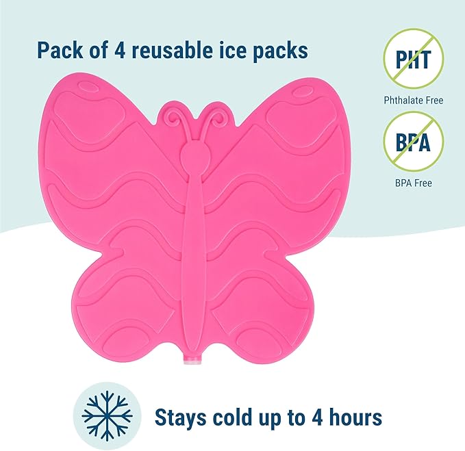 Wildkin Kids Ice Packs (4 Packs) for Boys & Girls, Perfect for Daycare & Preschool Slim & Reusable Ice Packs, Keep Lunches Fresh & Cool for School & Travel, Portable Ice Packs for Kids (Butterfly)