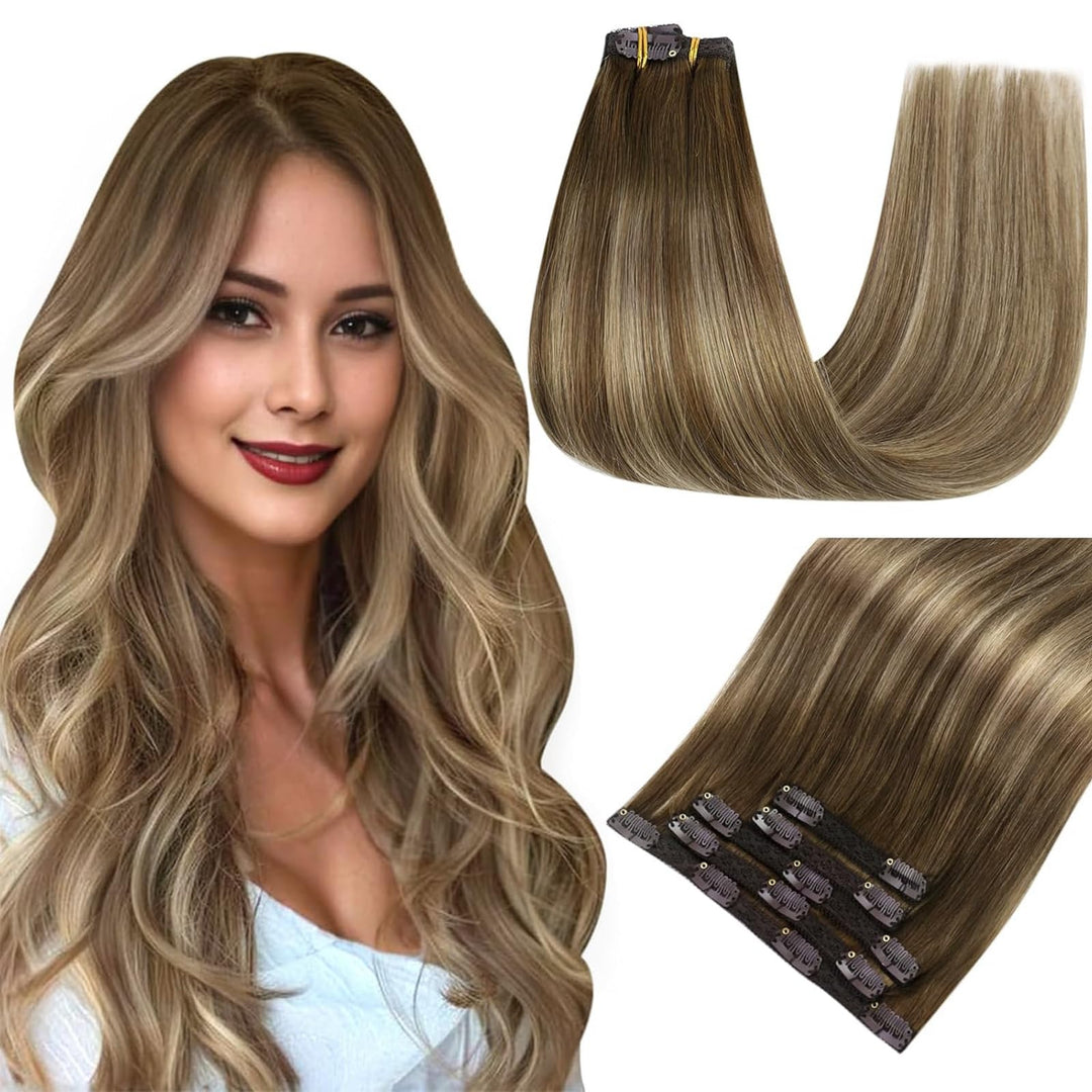 Easyouth Clip In Hair Extensions Balayage Human Hair Extensions Clip Ins Medium Brown Fading To Honey Blonde Mixed Brown Clip In