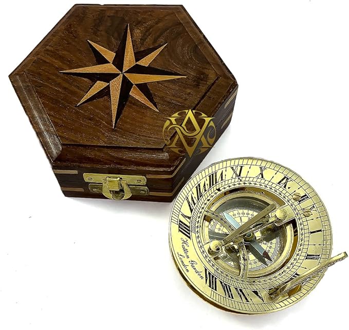 AV Nautical Sundial Brass Compass with Wooden Box - Gifts for Father/Brother/Sailor/Marine