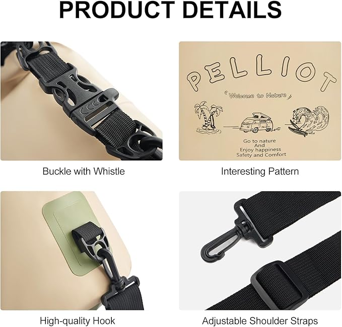 Waterproof Dry Bag 10L Tough & Water-repellent Storage Bag with Adjustable Shoulder Straps Lightweight Portable Backpack Dry Bags for Kayaking Khaki