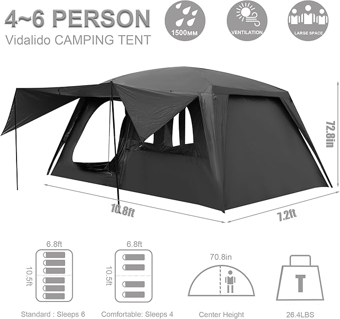 Vidalido 4-6 Person Camping Tent with 3 Door 2 Room Large Family Cabin Tents, Double Layer Waterproof Portable Glamping Tent, Big Tents for Outdoor Camping Hiking and Backpacking