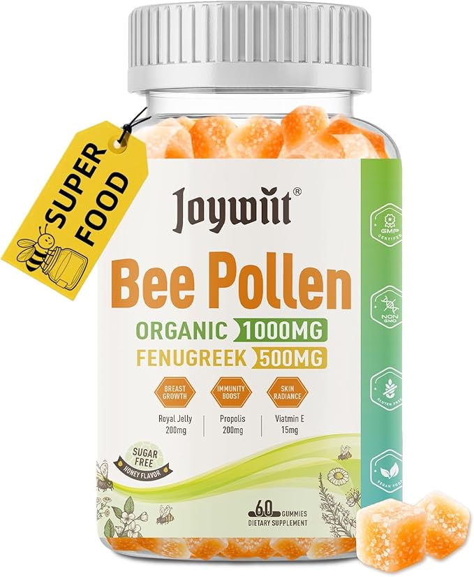 Bee Pollen 1000mg Sugar Free Gummies for Breast Growth, w/Fenugreek, Royal Jelly, Propolis, Organic Bee Pollen Supplement for Women, Rich in Vitamin E, Strengthen Immunity & Skin Care, 60 Counts