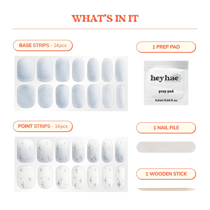 Heyhae Semi Cured Gel Nail Strips | No LED Lamp Needed | Glitter, Blue, White | Easy Apply & Remove, Salon Quality | Includes 28 Strips, 1 Prep Pads, Nail File & Wooden Stick - Hey, Rise and Shine