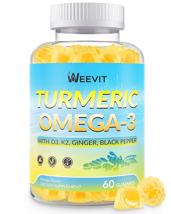 Turmeric Ginger Gummies with Omega 3, Turmeric Curcumin Supplement with Black Pepper,Vitamin D3 & K2 for Women & Men