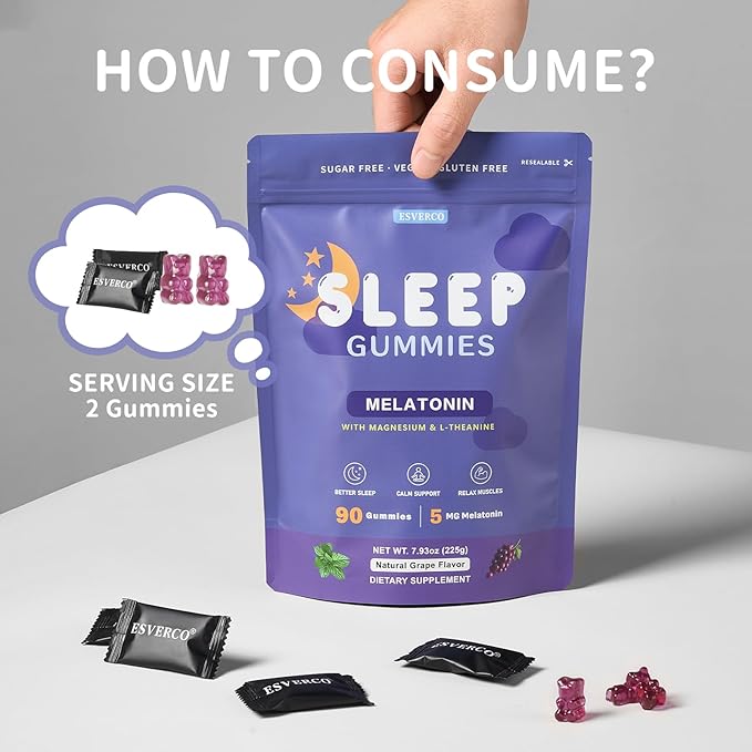 Sleep Gummies with 5mg Melatonin & 50mg Magnesium, L-Theanine, Lemon Balm, Blue Passionflower, Chamomile, Sleep Support, Help for Relaxation, Vegan, Grape Flavor, 90 Count