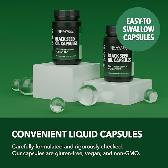 Cold Pressed Black Seed Oil Liquid Capsules with Green Tea Extract for Energy and Digestive Health Support - 60 Count - Nigella Sativa Supplement - Unflavored, Vegan, Non-GMO - 1 Month Supply
