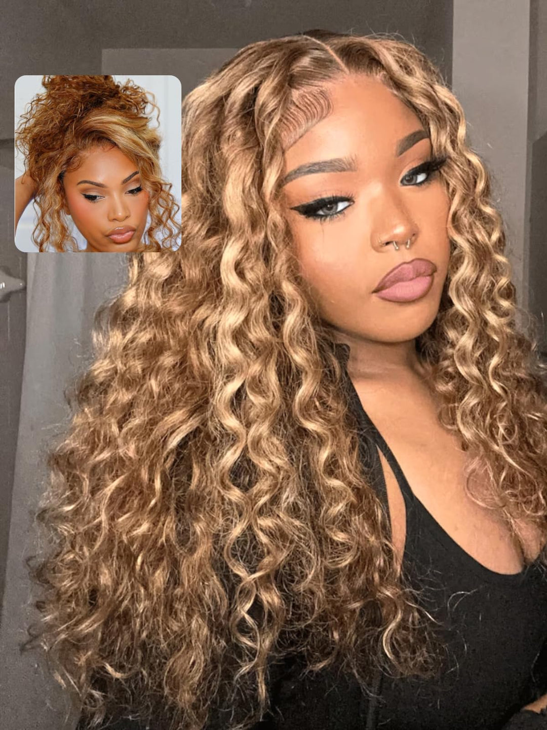 UNICE Water Wave Blonde Highlight Bye Bye Knots Glueless Wigs Human Hair Pre Plucked Pre Cut 7x5 Lace Front Wigs Human Hair Wet and Wavy Put on and Go Human Hair Wig 150% Density 16 Inch