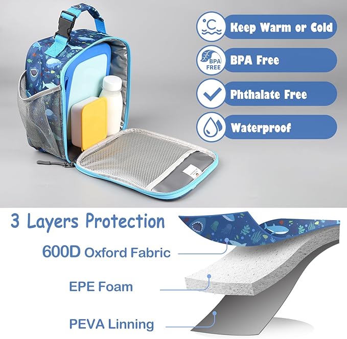 Lunch Box Kids,Premium Insulated Lunch Bag for Girls Boys,Soft Bag Mini Cooler Back to School Thermal Reusable Lunch Bag for Work School Picnic (Shark)