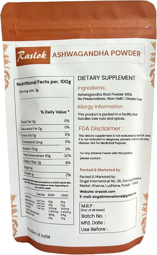 Ashwagandha Root Powder| Finest Grade A Root Powder - Withania Somnifera | Non-GMO, Vegan & Raw from India (3.52 Oz)