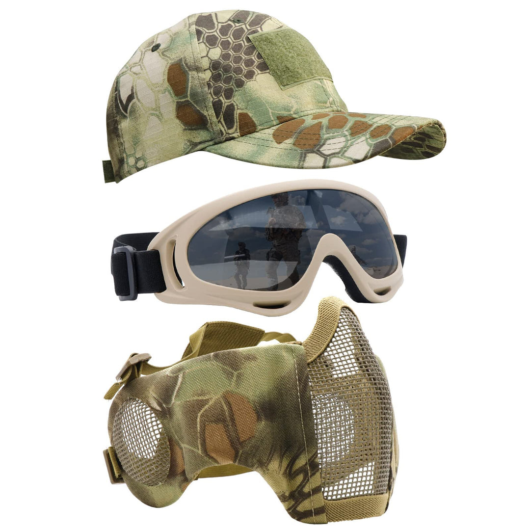 Yzpacc Airsoft Half Face Mask with Goggles Patch Hat Set Tactical Masks Full Face Ear Protective Baseball Cap for CS Halloween and Game