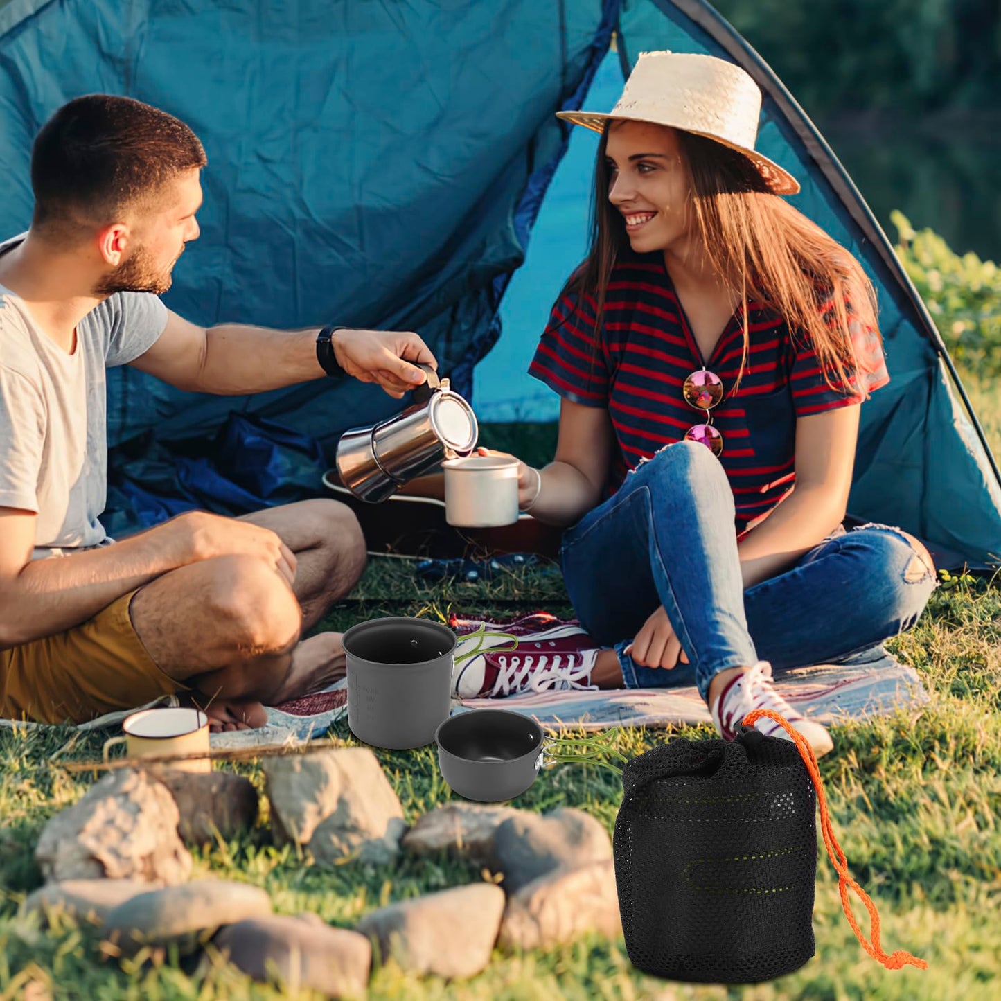 Palmcee Camping Cooking Set, Portable Camping Outdoor Cookware Mess Kit with Storage Bag, Non Stick Foldable Aluminium Cookware Kit, Lightweight Camping Cooking Equipment for Camping Picnic Hiking